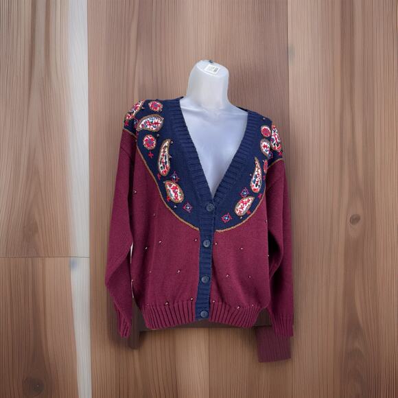 Vintage Huntington Ridge Cardigan Sweater Floral Embroidered Beaded Size Large - Picture 1 of 9
